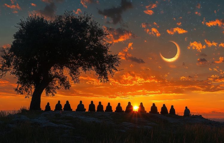 Silhouetted figures meditate at sunset under a crescent moon, near a large tree. A peaceful Idul Fitri scene with silhouettes of people praying under a crescent moon. --chaos 30 --ar 16:9 --style raw --stylize 1000 --v 6.1 Job ID: dc9a48c1-b098-4586-a91d-e95dd5d552fb
