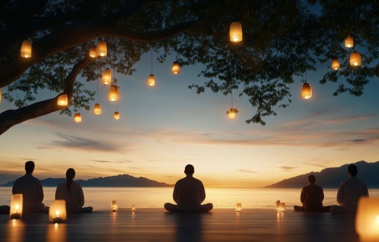 A group of people are sitting on a wooden deck by the water A group of people are sitting on a wooden deck by the water, with candles lit around them. The atmosphere is peaceful and serene, as the group meditates together