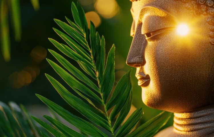Buddha statue illuminated by sunlight, surrounded by green foliage. Buddha statue illuminated by sunlight, surrounded by green foliage.